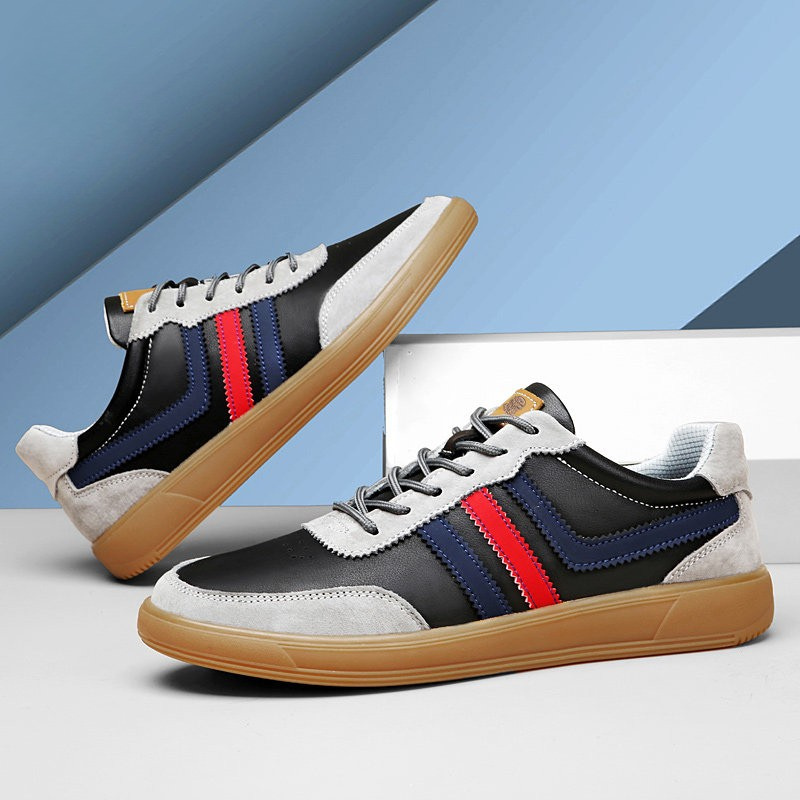 Men's Retro Leather Trainers - Suede Trim Court Sneakers