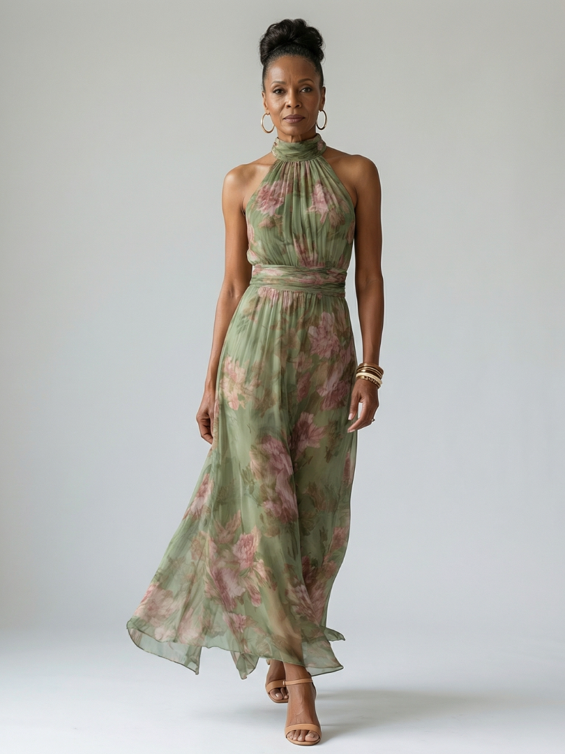 Women's Floral Gathered Halter Midi Dress - Effortless Summer Style