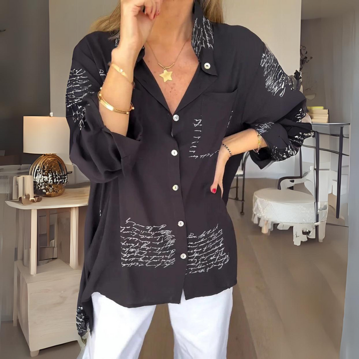 Women's Handwritten Print Button-Up Shirt - Artistic Everyday Style