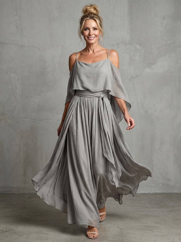 Women's Layered Cold Shoulder Top & Wide Leg Pant Set - Fluid Style