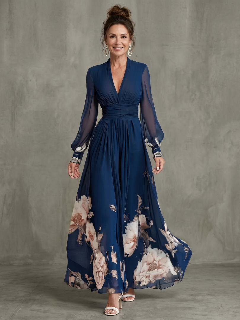 Women's Pleated Sheer Sleeves Maxi Dress - Flowing Silhouette