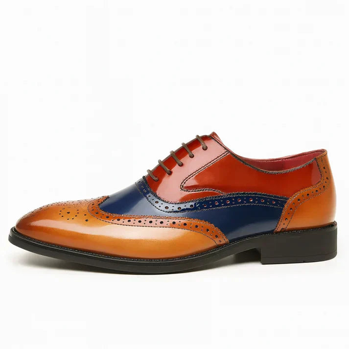 Men's Tricolor Leather Wingtip Dress Shoes - Classic Brogue Detailing