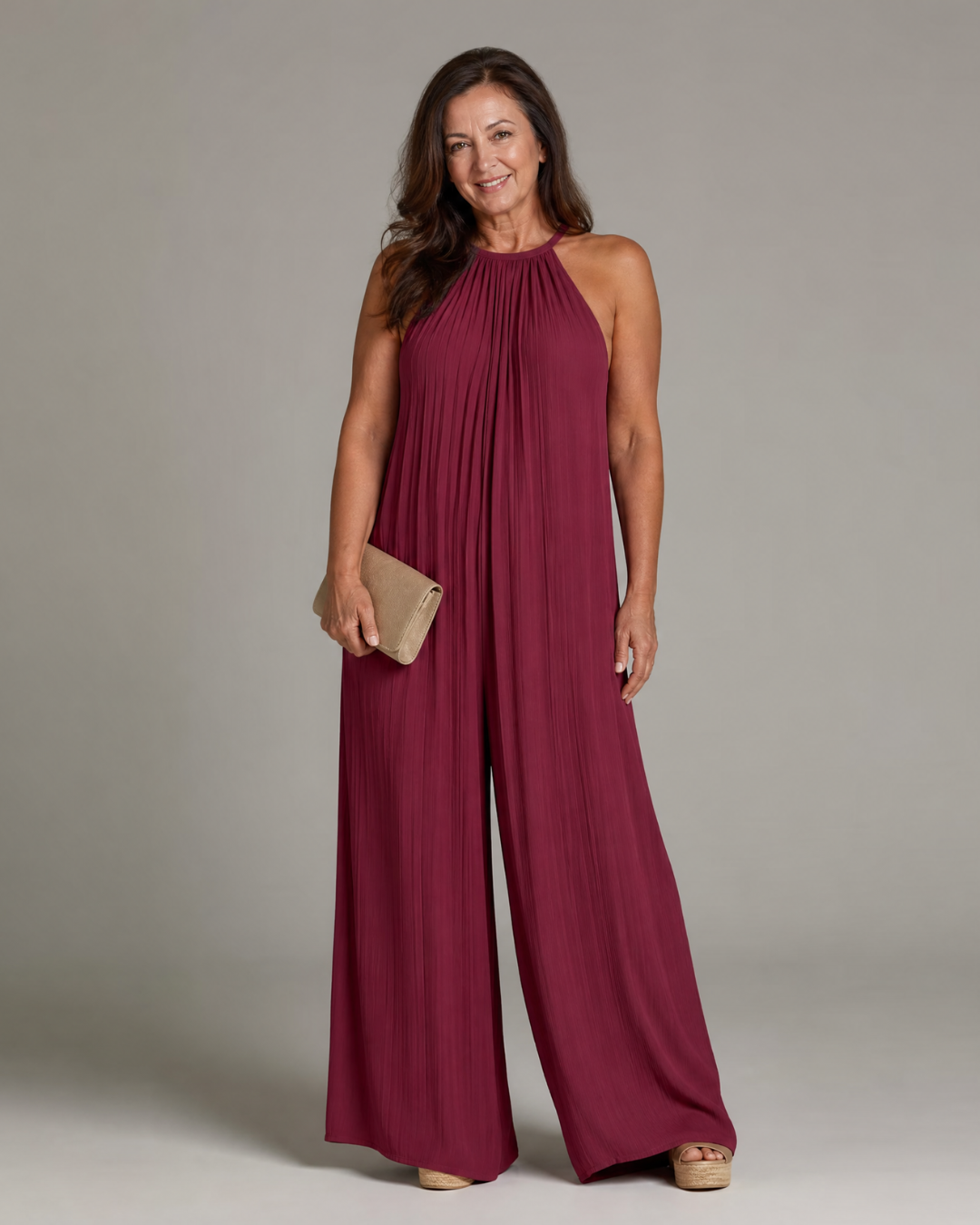 Women's Pleated Halter Neck Wide Leg Jumpsuit - Warm Weather Ease