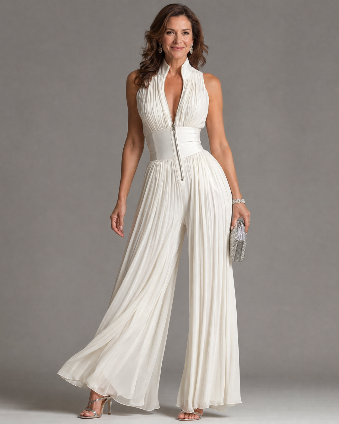 Women's Pleated Halter Neck Wide Leg Jumpsuit - Evening Gatherings