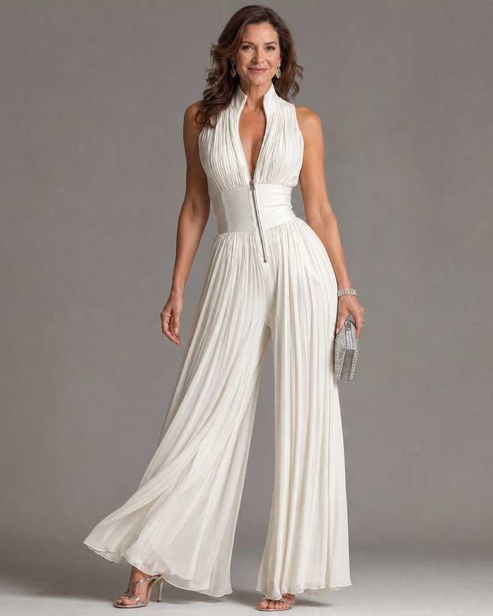 Women's Pleated Halter Neck Wide Leg Jumpsuit - Evening Gatherings