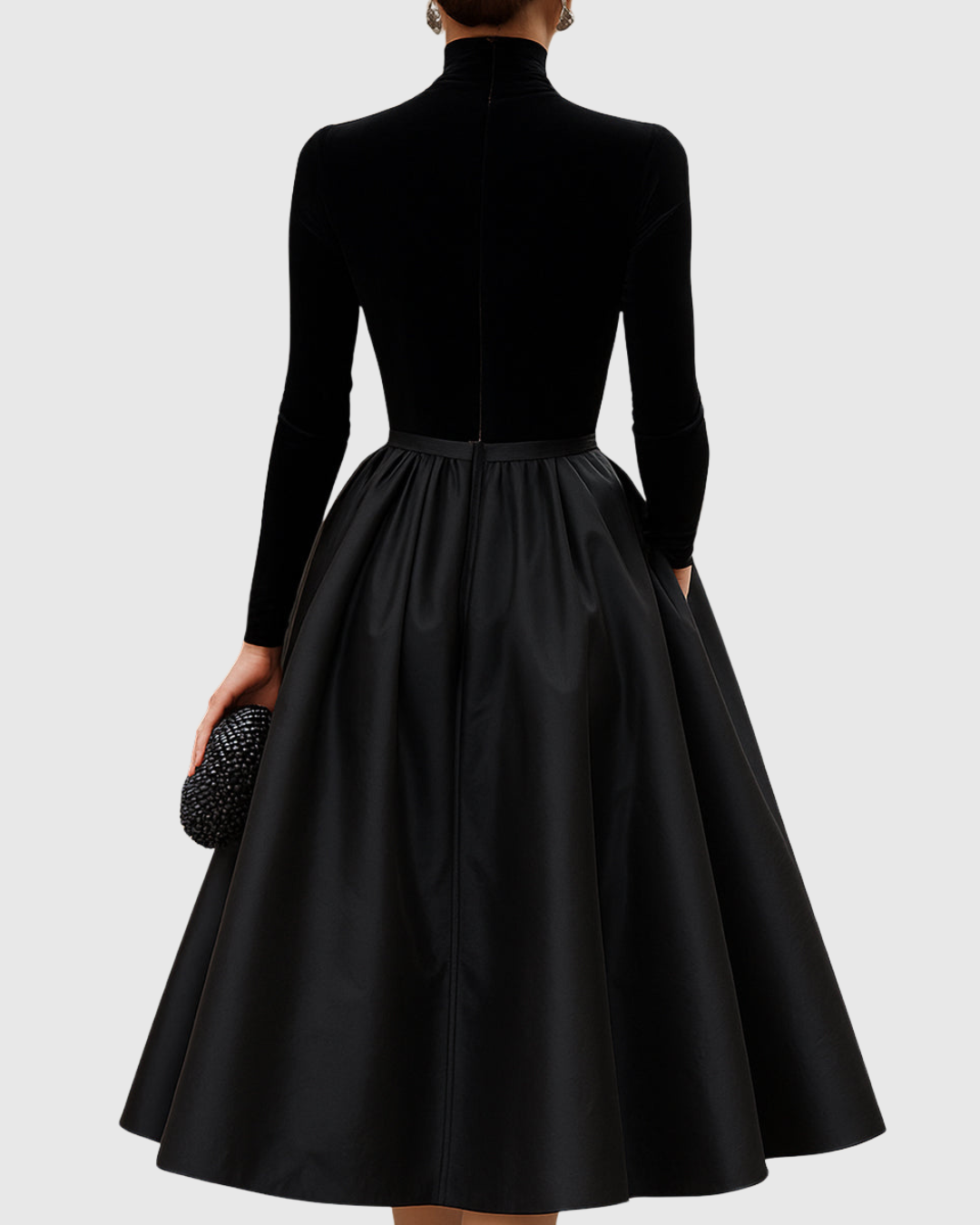 Women's Aradia Black Velvet and Satin Midi Dress - Evening Elegance