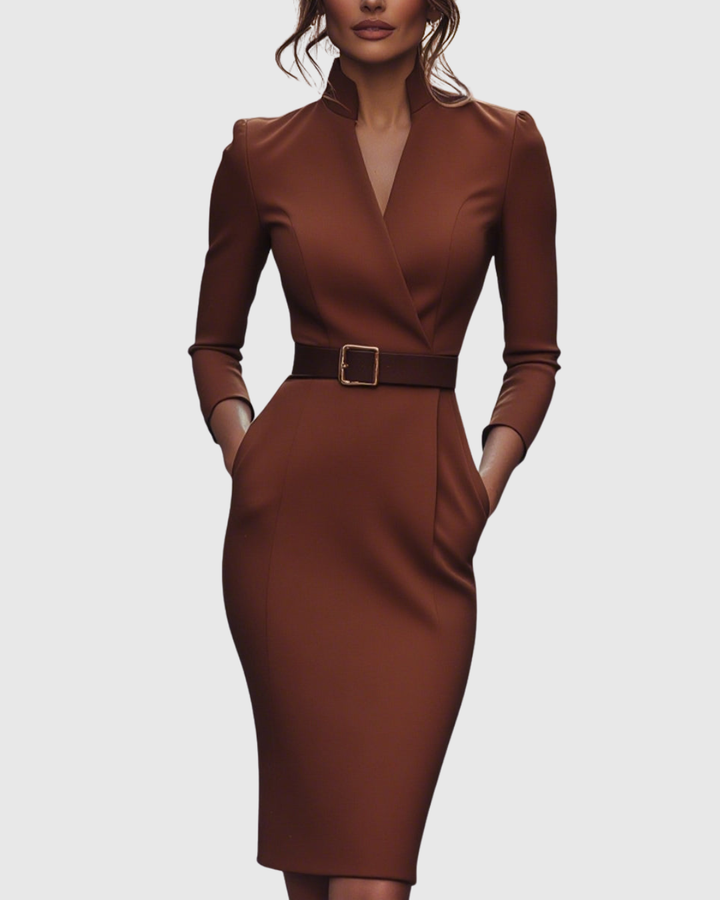 Women's Polyester Midi Dress - Mock Wrap & Belted Fit