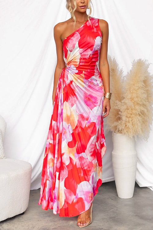 Women's Printed Asymmetrical Pleated Dress - Tropical Evening Charm