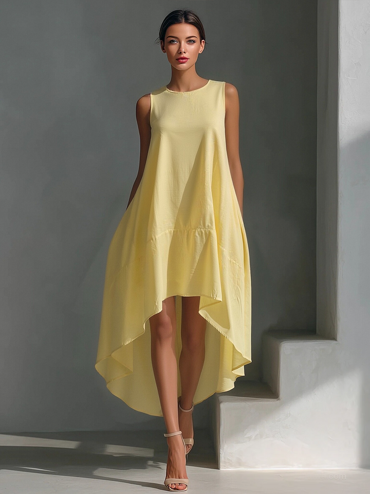 Women's Linen Sleeveless Midi Dress - Asymmetrical Hem, Breezy Style