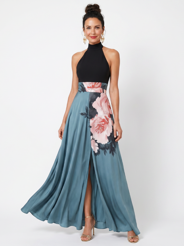 Women's Floral Halter Bodice Maxi Dress - Perfect for Formal Evenings