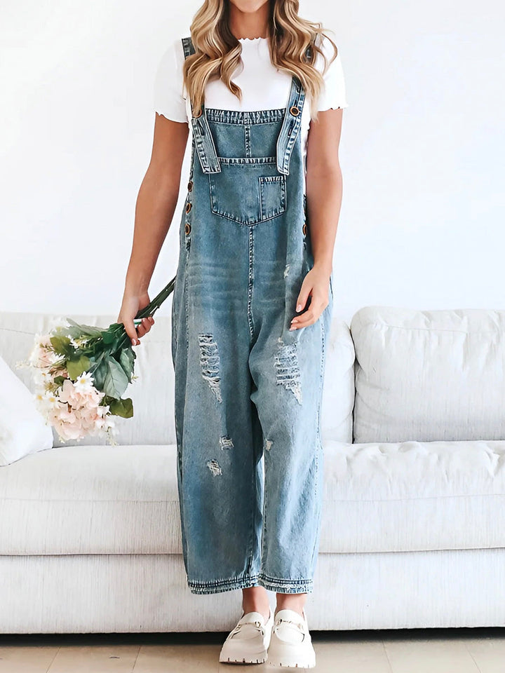 Women's Loose Fit Distressed Denim Overalls - Effortlessly Cool