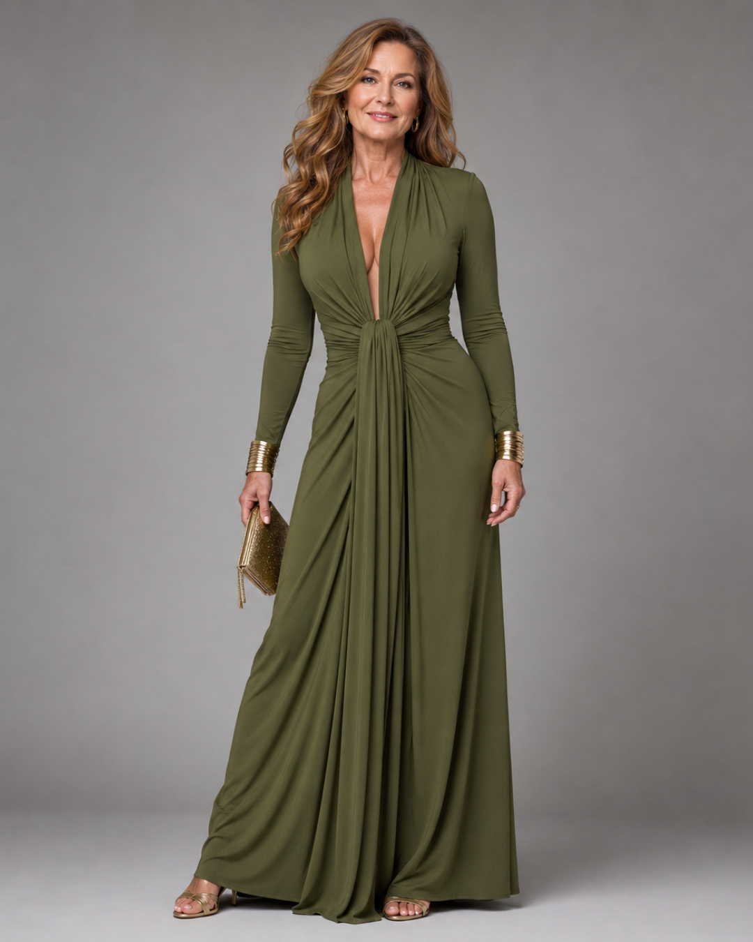 Women's Draped Deep V Neck Long Sleeve Maxi Dress - Evening Formal