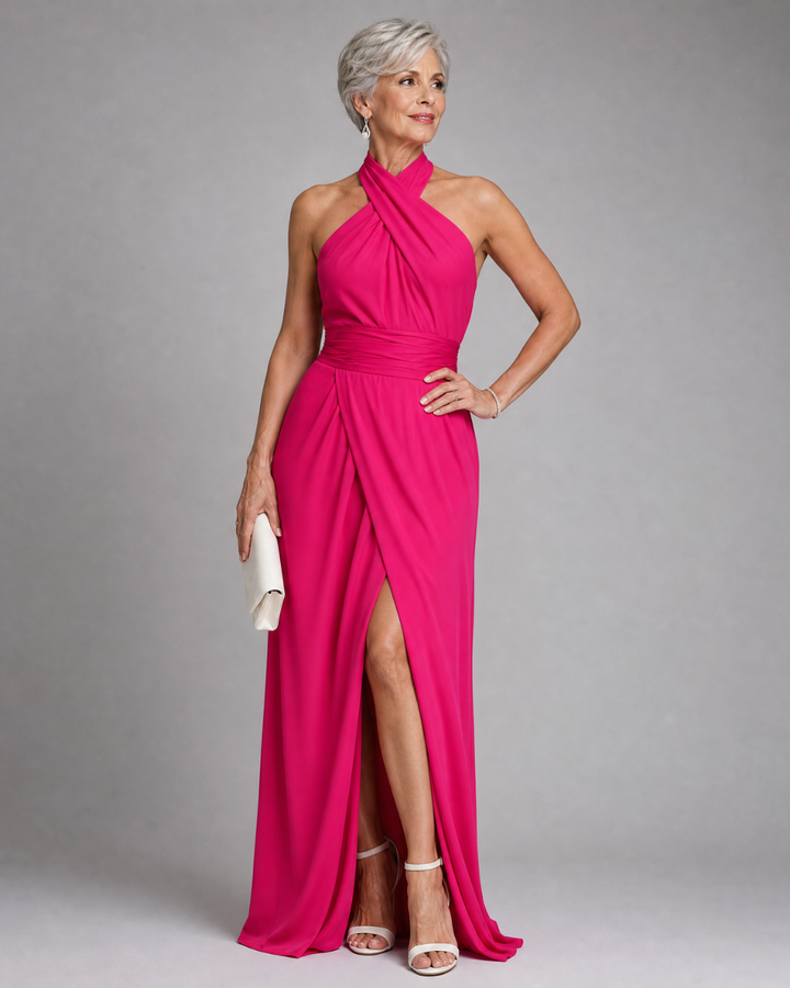 Women's Cross Halter Draped Side Slit Midi Dress - Elegant Evening