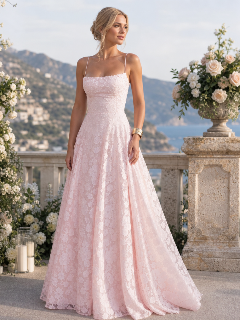Women's Lace Spaghetti Strap Maxi Dress - Elegant Evening Fit
