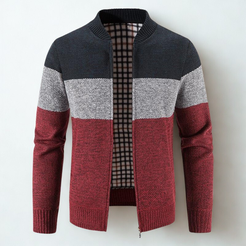 Men's Colour-Block Knit Jacket – Plaid-Lined Zip-Up Layer