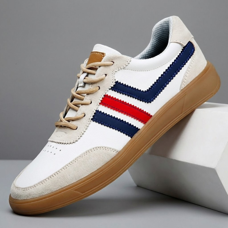 Men's Retro Leather Trainers - Suede Trim Court Sneakers