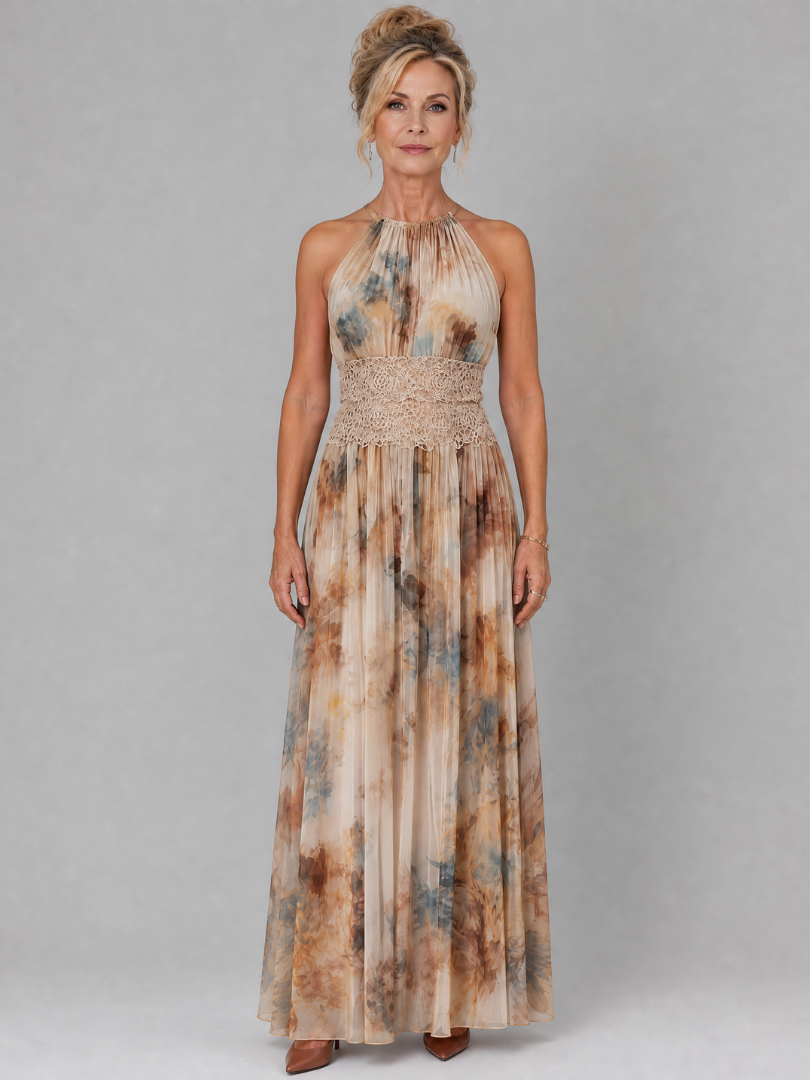 Women's Printed Halter Neck Lace Waist Maxi Dress - Perfect for Warm