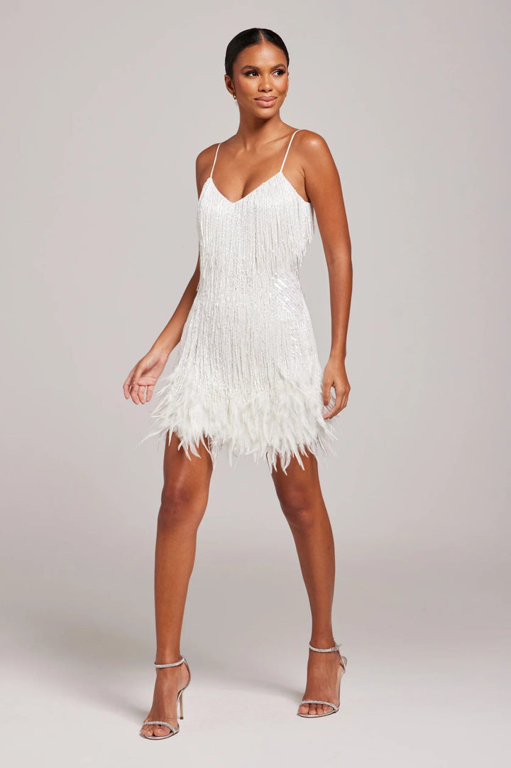 Women's Modern Feathered Party Dress - Beaded Fringe Glamour