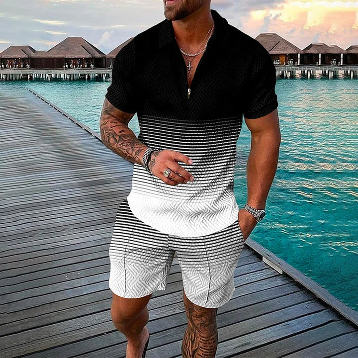 Men's Smiley Print Polo and Shorts Set - Summer Vacation Style