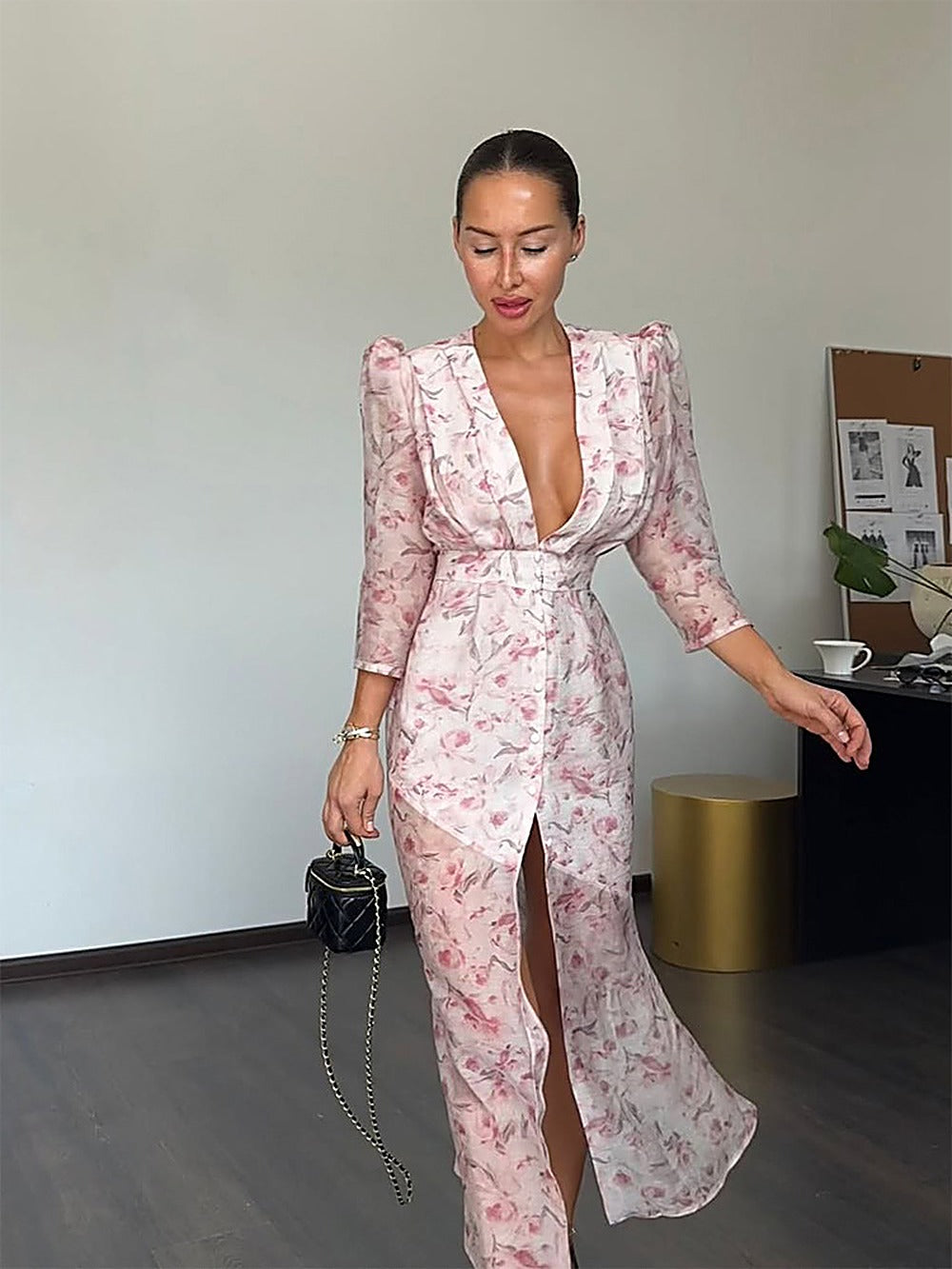 Elegant Printed V-Neck Midi Dress with Slit
