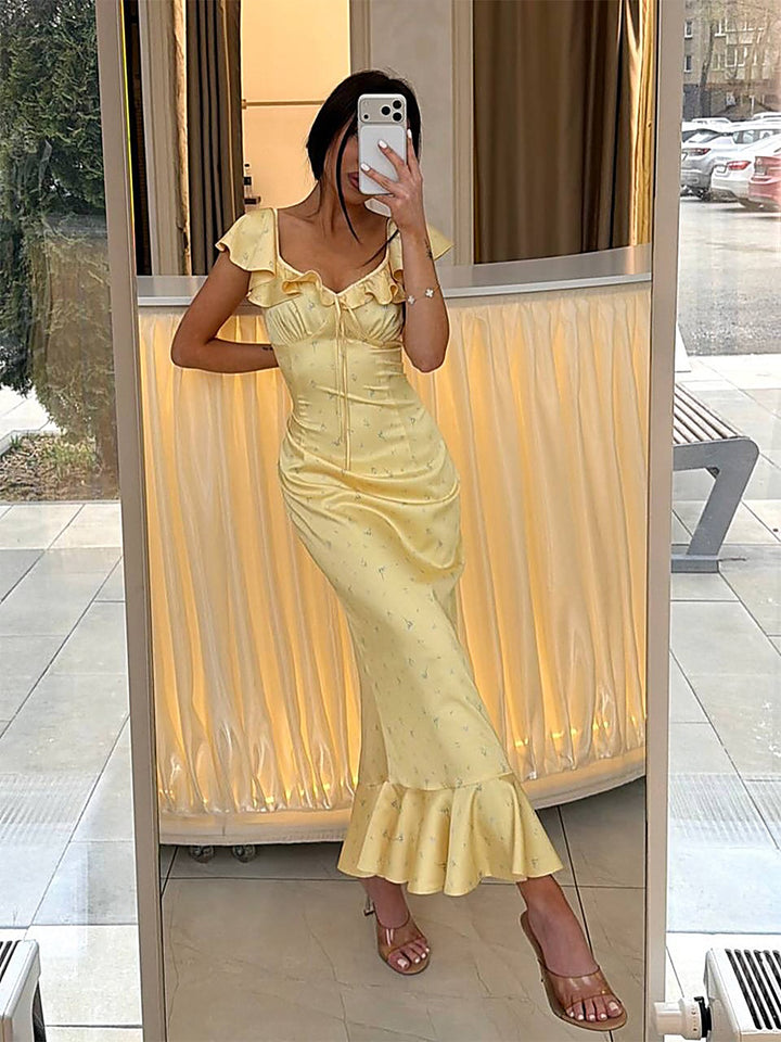 Elegant Ruffle One-Shoulder Tie-Back Printed Dress