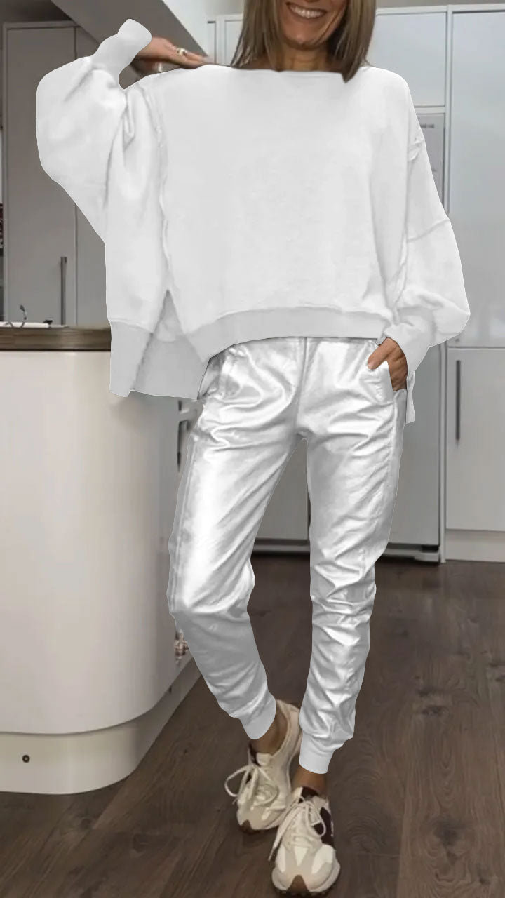 Women's Casual Round Neck Top & Faux Leather Pants Set