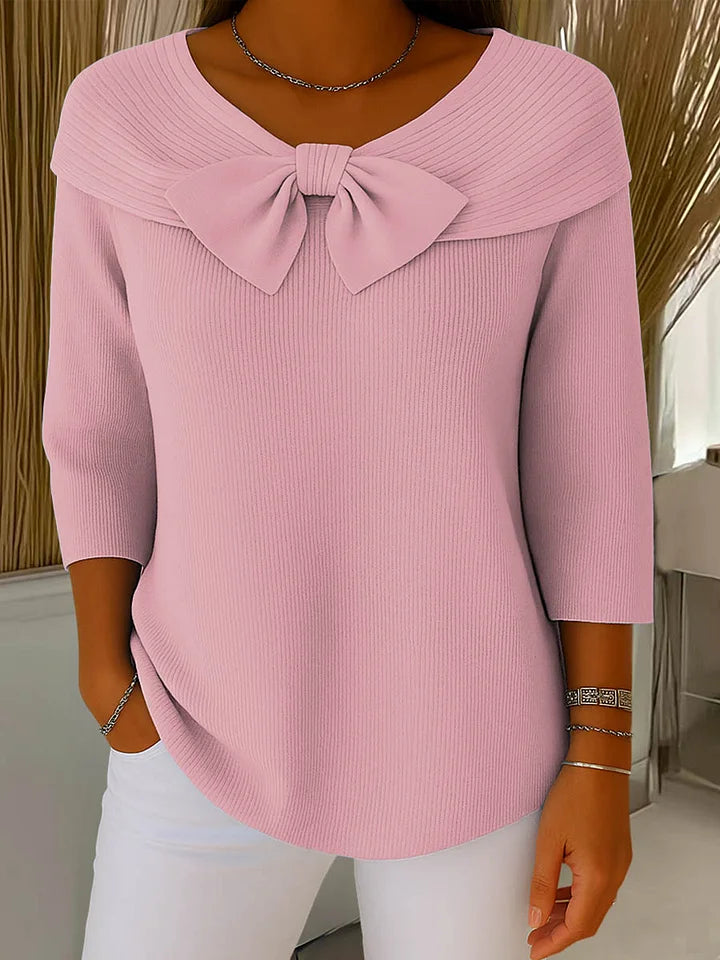 Women's Bow Collar Knit Top - Feminine Charm & Comfort