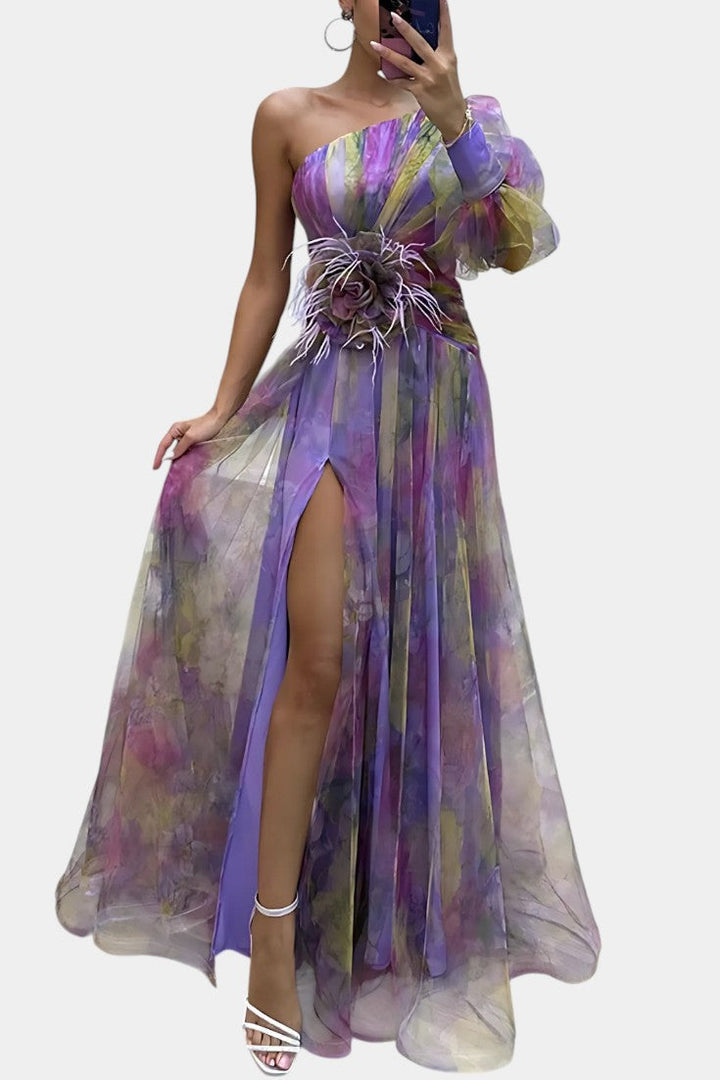 Women's Printed One-Shoulder Maxi Dress - Perfect for Weddings