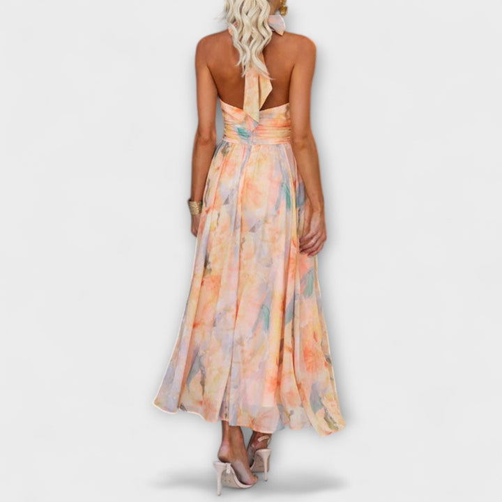 Women's Watercolor Print Halter-Neck Maxi Dress - Breezy Summer
