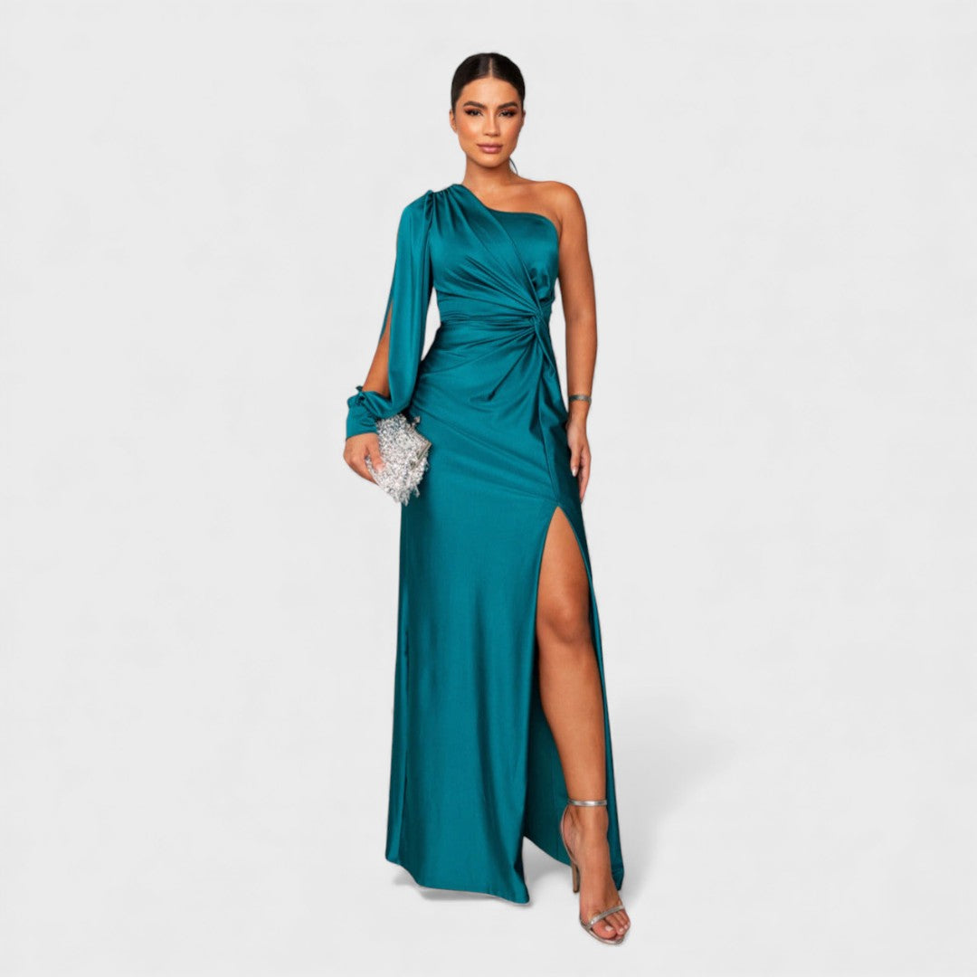 Women's Satin Asymmetric One-Shoulder Maxi Dress - Evening Elegance