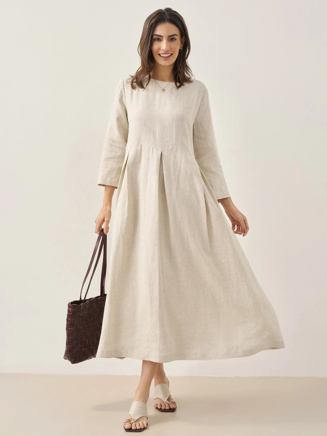Women's 100% Linen Bateau-Neck Pleated Maxi Dress