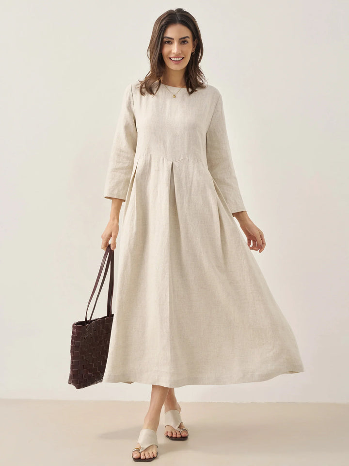 Women's 100% Linen Bateau-Neck Pleated Maxi Dress