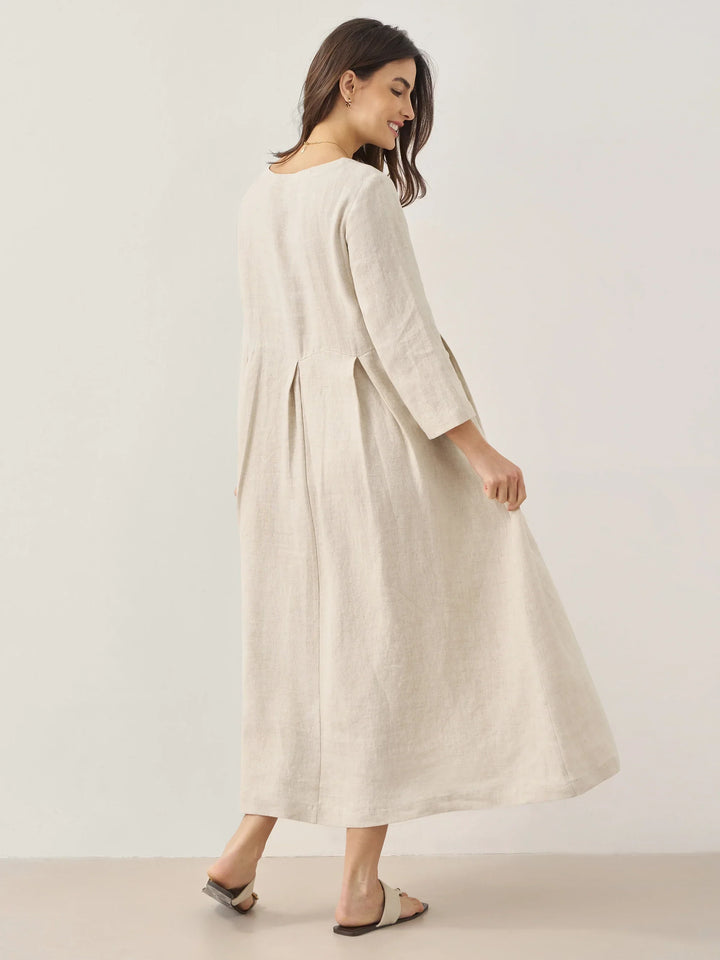 Women's 100% Linen Bateau-Neck Pleated Maxi Dress