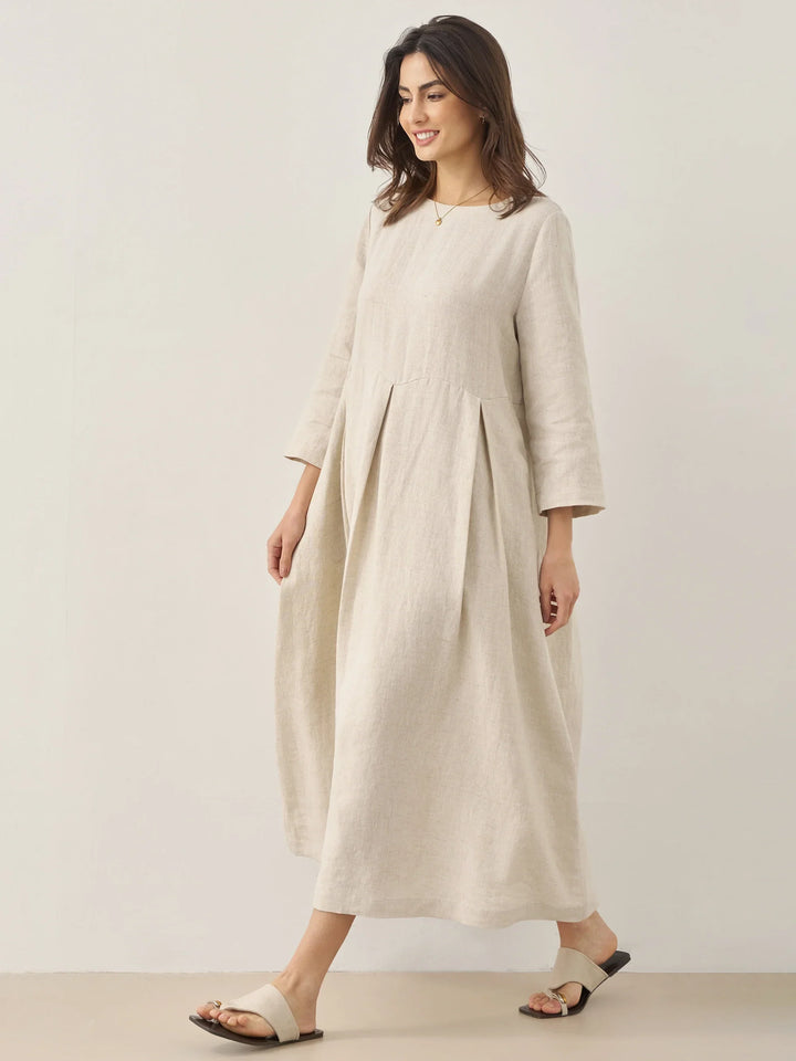 Women's 100% Linen Bateau-Neck Pleated Maxi Dress