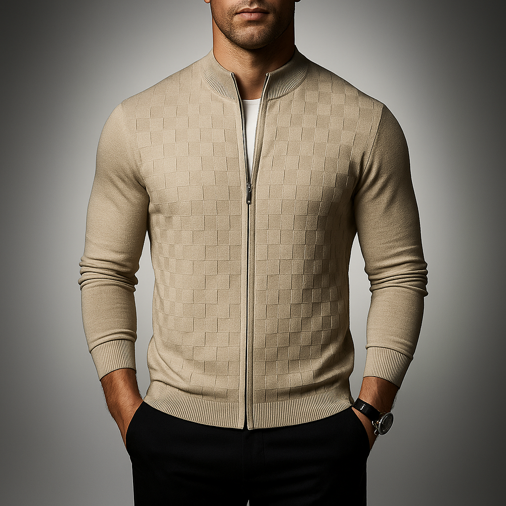 Men's Basketweave Zip Cardigan – Stand-Collar Knit Jacket