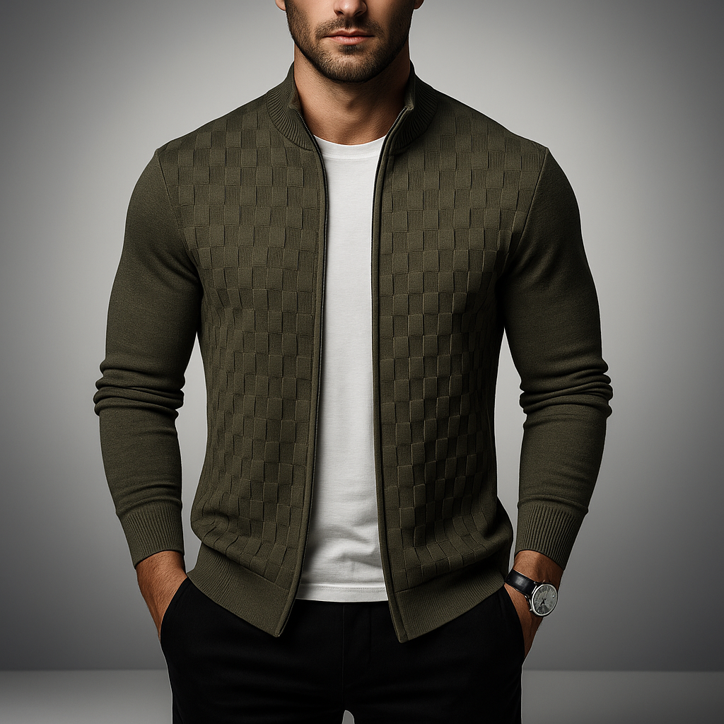 Men's Basketweave Zip Cardigan – Stand-Collar Knit Jacket