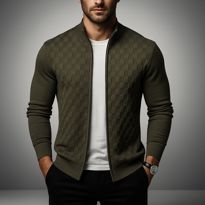 Men's Basketweave Zip Cardigan – Stand-Collar Knit Jacket
