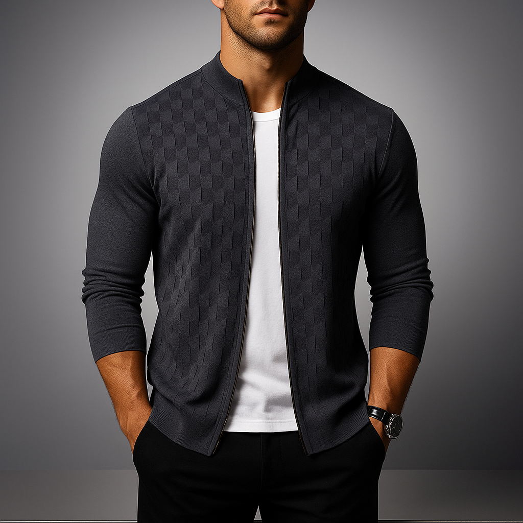 Men's Basketweave Zip Cardigan – Stand-Collar Knit Jacket