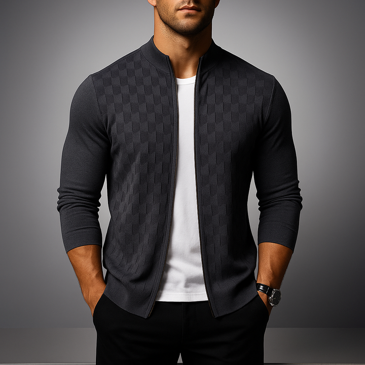 Men's Basketweave Zip Cardigan – Stand-Collar Knit Jacket