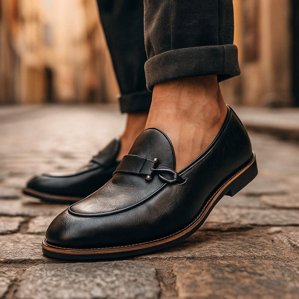 Men's Grain Leather Buckle Loafers – Smart Slip-On Monk Shoes