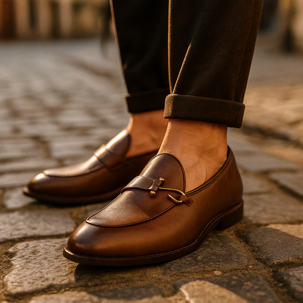 Men's Grain Leather Buckle Loafers – Smart Slip-On Monk Shoes