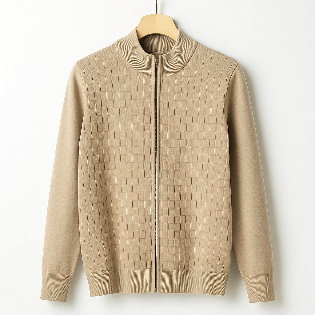 Men's Basketweave Zip Cardigan – Stand-Collar Knit Jacket