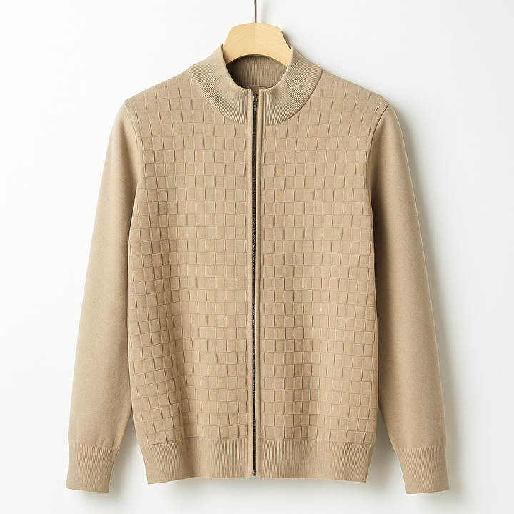 Men's Basketweave Zip Cardigan – Stand-Collar Knit Jacket