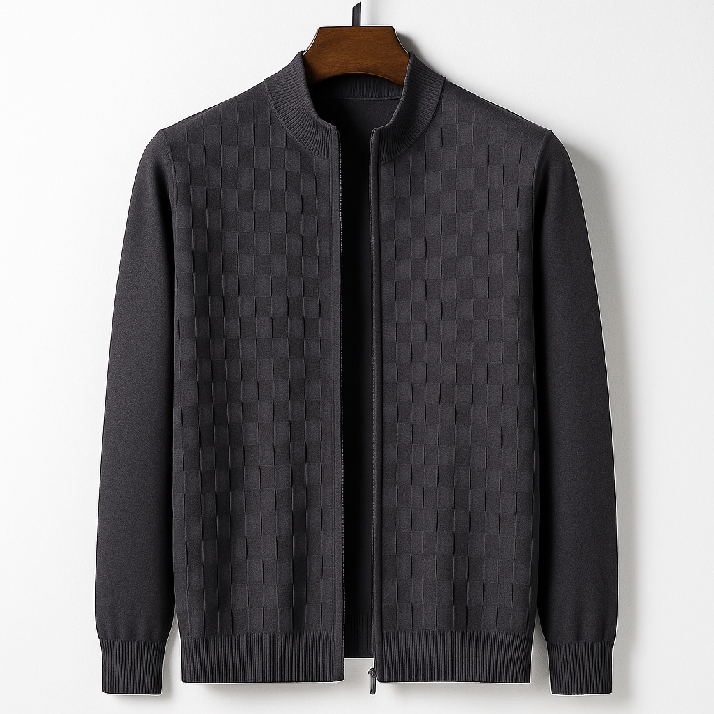Men's Basketweave Zip Cardigan – Stand-Collar Knit Jacket