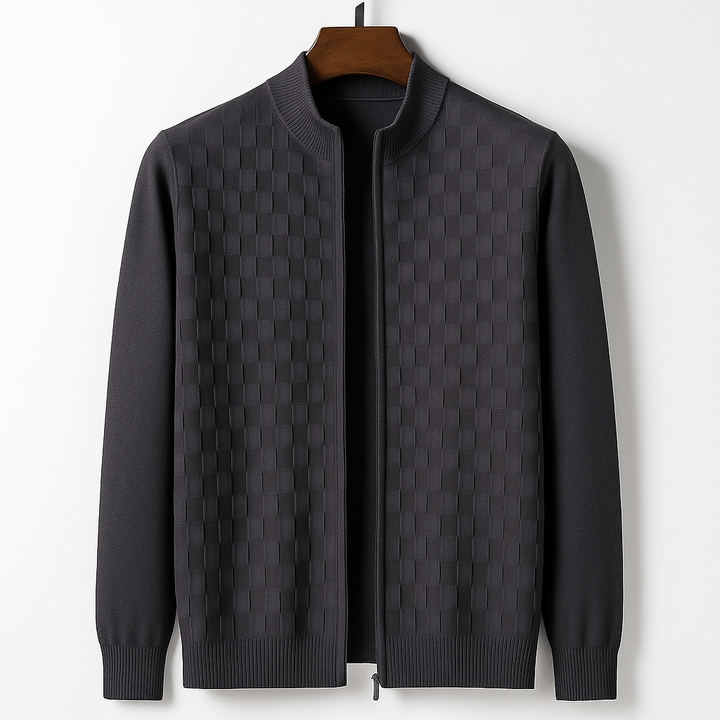 Men's Basketweave Zip Cardigan – Stand-Collar Knit Jacket