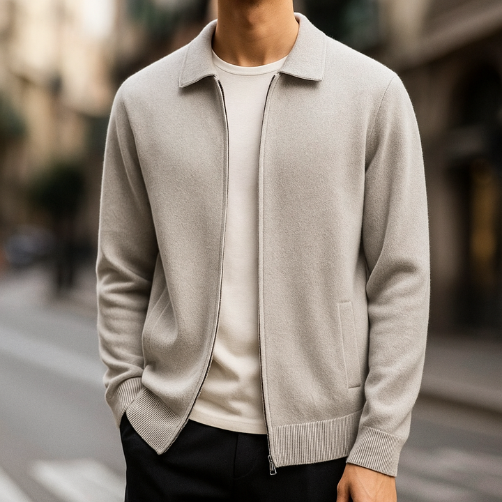 Men's Cashmere Zip Cardigan – Collared Knit with Pockets