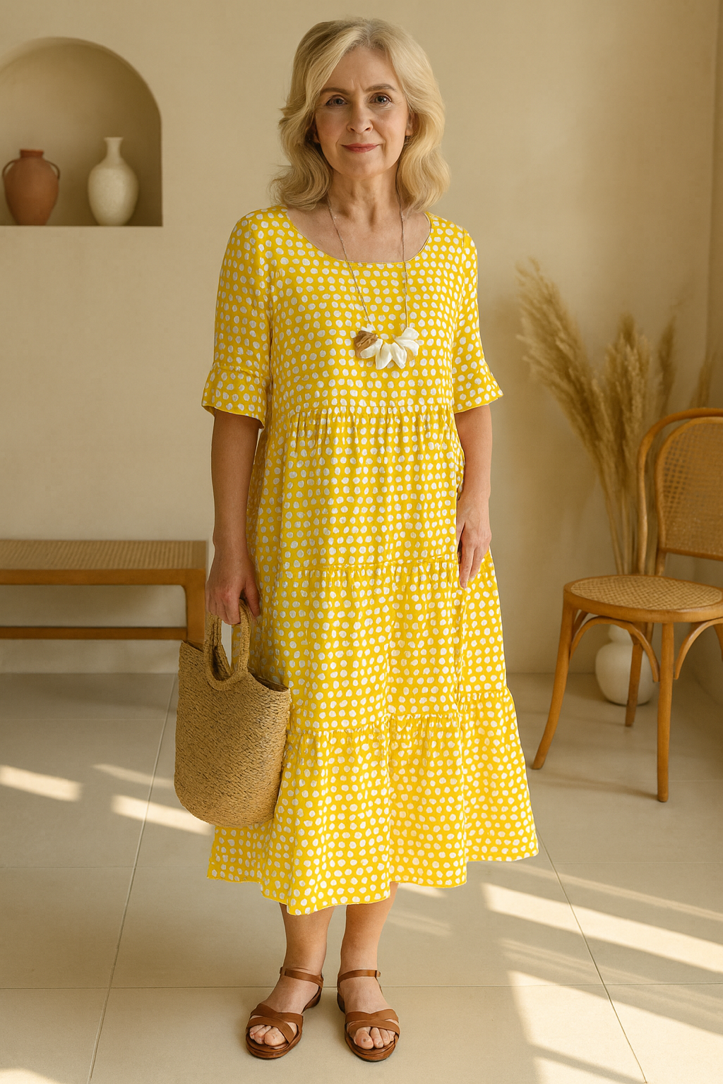 Women's Midi Dress with Short Sleeves - Effortless Elegance