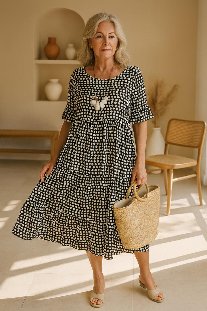 Women's Midi Dress with Short Sleeves - Effortless Elegance