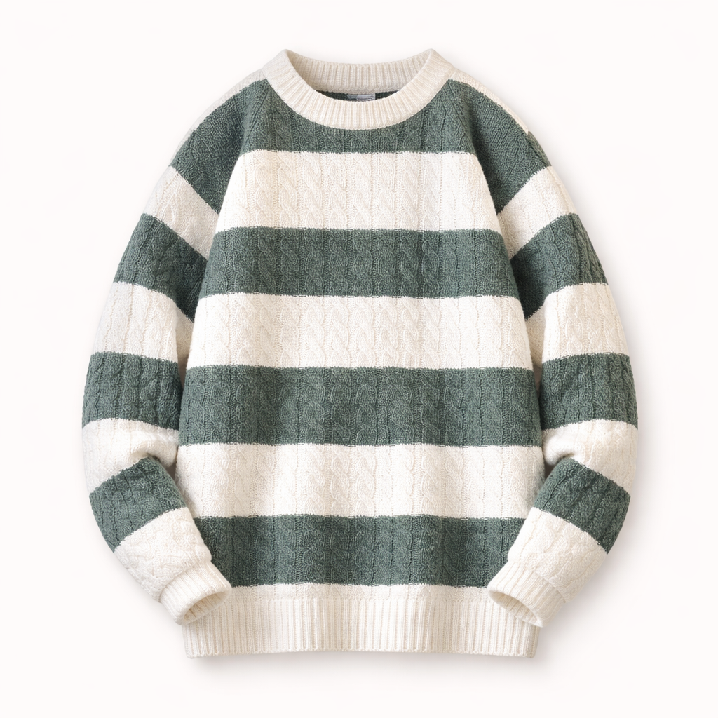 Men's Cable-Knit Striped Jumper – Crew Neck Everyday Layer