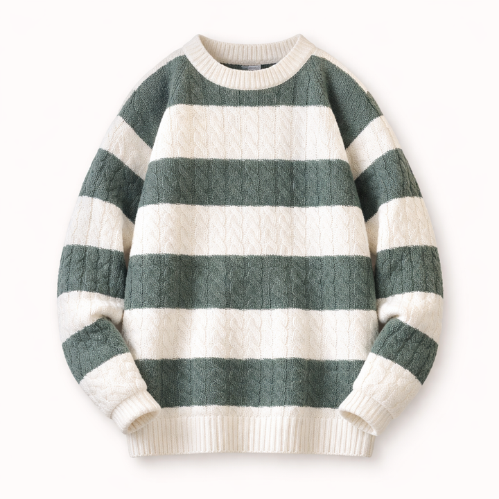 Men's Cable-Knit Striped Jumper – Crew Neck Everyday Layer